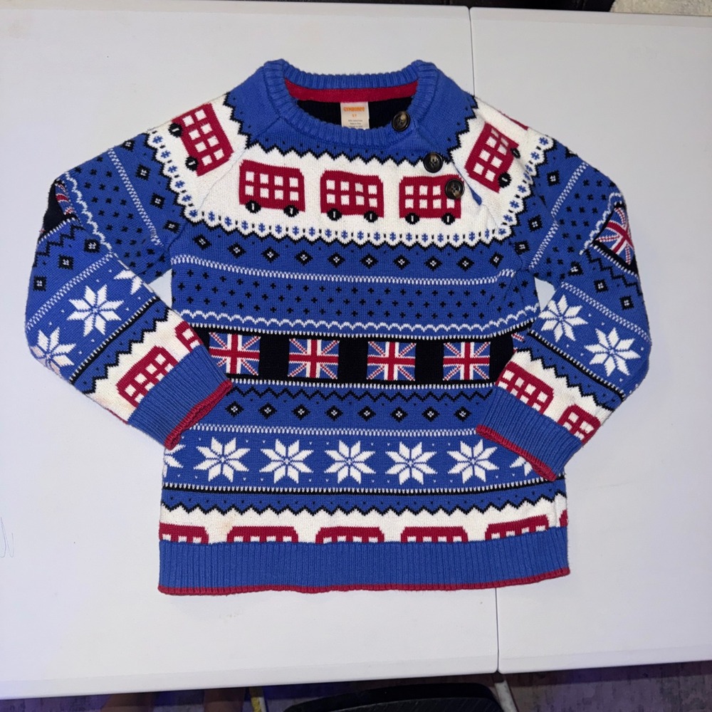 Gymboree Sweater Boys 5T Blue London Bus Union Jack Fair Isle Knit Pullover